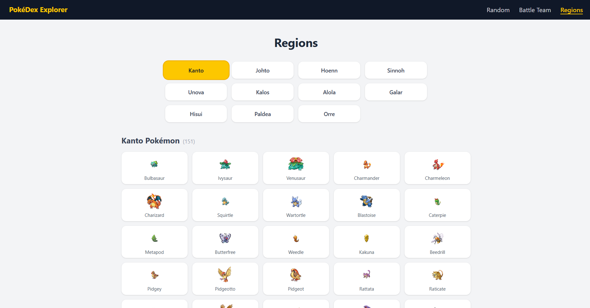 PokéDex Explorer — Region filter view