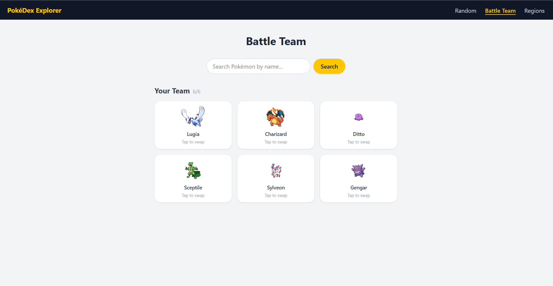 PokéDex Explorer — Team builder view